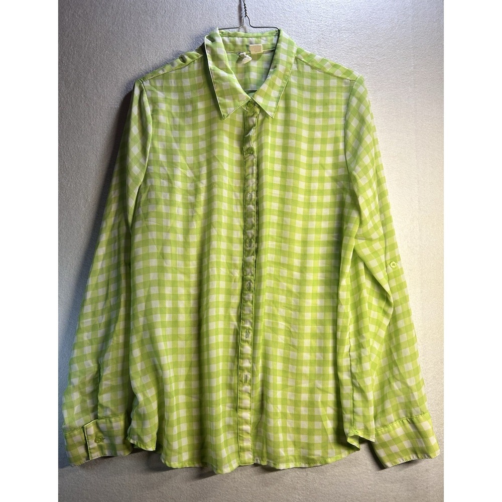 Red Camel Women's‎  Green/White Check Sheer Woven Long Sleeve Button-Up Shirt L